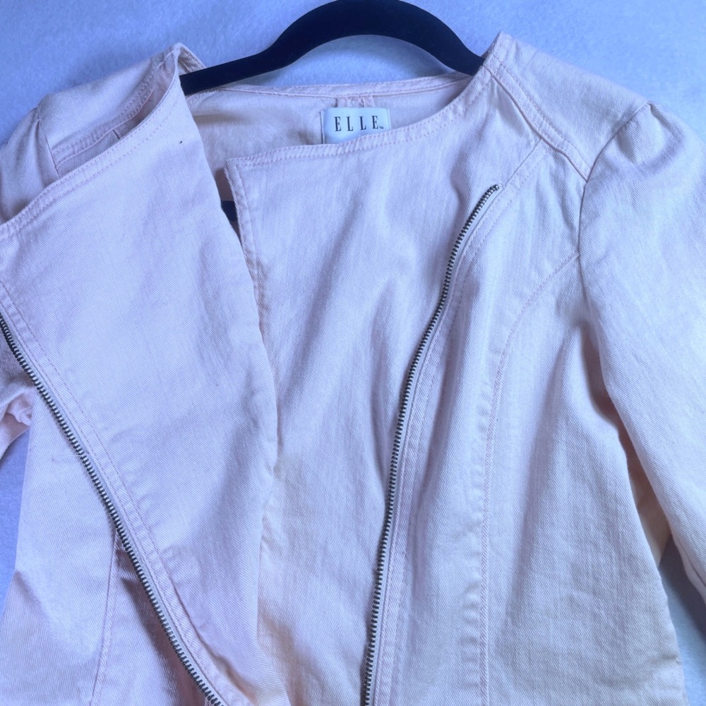 Elle Womens Pink Denim Moto Jacket Peplum Hem Asymmetric Zip Size Medium - Picture 3 of 8